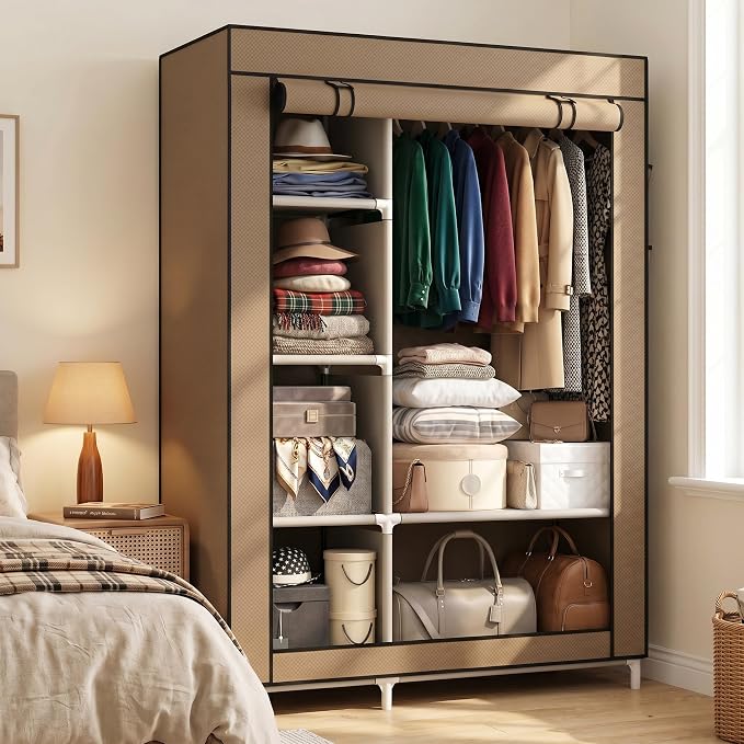 Calmootey Portable Closet Organizer, Space-Saving Storage System for Home | Sturdy Rod for Coats, 6 Shelves for Folded Clothes, 4 Side Pockets for Small Items, Non-Woven Dustproof Cover, Brown