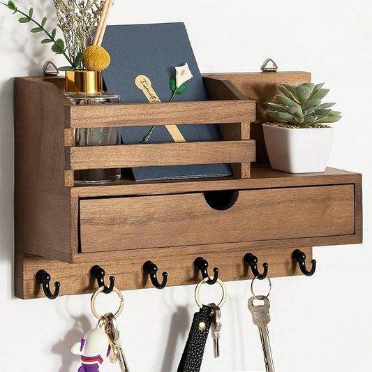 dreampossible Key and Mail Holder for Wall, Mail Organizer Wall Mount with 6 Hooks and Storage Drawer, Wooden Key Rack Hanger with Shelf for Entryway and Home Decor