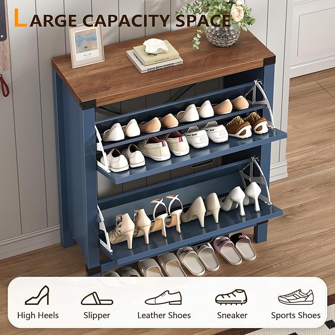 Fluted Shoe Cabinet Storage with 2 Flip Drawers for Entryway, Hallway | Narrow Shoe Rack Freestanding Shoe Organizer with Legs for Entryway，Hallway, Blue