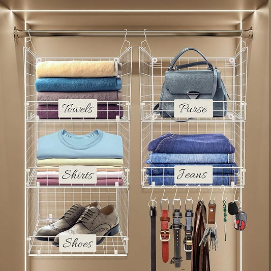 DECOLURE 5-Tier Adjustable Hanging Closet Organizer – Maximize Hanging Storage w/ 4 Hanging Hooks, 8 S Hooks & 5 Name Plates - Sturdy Foldable Wire Storage Hanging Shelves for Clothes, Towels (White)