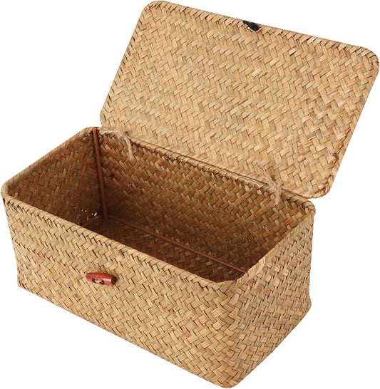 Moosky Wicker Shelf Baskets with Lid,Natural Seagrass Storage Basket Boxes Handwoven Rectangular Baskets Bins Multipurpose Home Organizer Decor (Small)