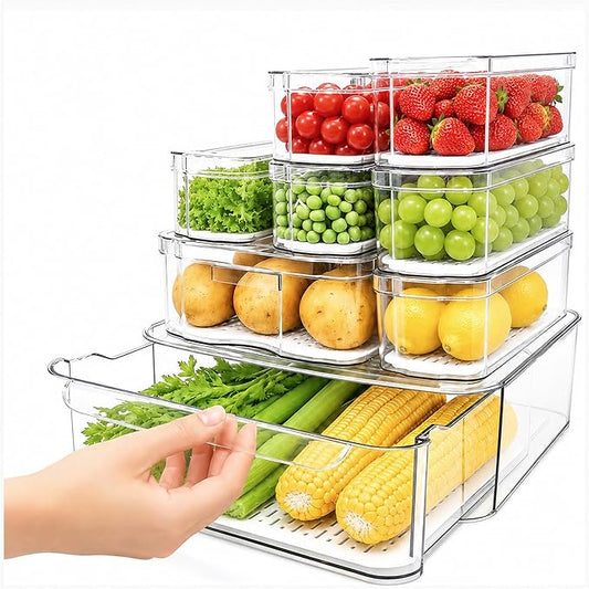 SMRCAD 8 Pack Clear Fridge Organizer Bins with Drain Trays - Stackable | BPA-Free PET, 8 Pack: 1 Drawer + 7 lidded Bins, Helps Keep Produce Fresh, 18.3L Capacity, Hand Wash Only