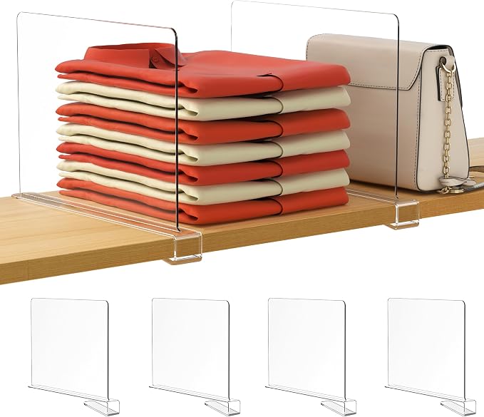HBlife 4 Pack Closet Organizers and Storage, Clear Shelf Dividers, Vertical Purse Organizer for Closet Perfect for Sweater, Shirts, Handbags in Bedroom and Kitchen, Acrylic Bookshelf for Organization