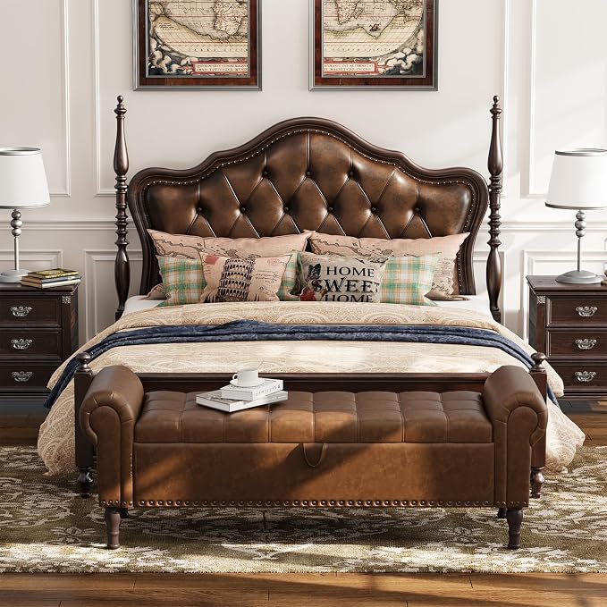 Apicizon 60” Bench with Storage, Upholstered Tufted Button Bedroom Bench with Storage, Faux Leather Ottoman Bench for Bedroom, Living Room, Entryway, Yellow Brown