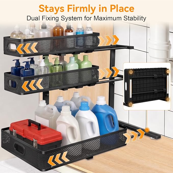 3 Tier Adjustable Under Sink Organizer for Bathroom & Kitchen(2Pack, Black) | 35% More Storage, 5 Adjustable Heights, Sliding Pull Out,No Sliding, Heavy-Duty Steel Frame, Multi-Purpose Cabinet Organizer