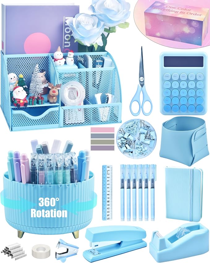 LXEVIHK 20Pcs Blue Desk Organizers and Accessories With Mesh Desk Organizer and 360°Rotating Pen Holder and a Lot of Office Blue Office Supplies Beautifully Presented in a Gift Box