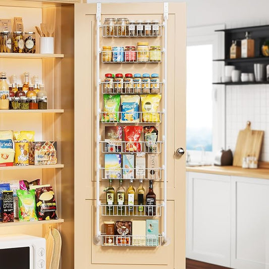 Delamu Over The Door Pantry Organizer, 8-Tier Metal Pantry Door Organization and Storage for Easy Install, Hanging Spice Rack Seasoning Shelves, Door Organizer for Kitchen, 4.65"D x 18"W x 65"H, White