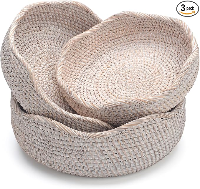 YANGQIHOME Rattan Bread Basket, Round Fruit Baskets, Wicker Storage Bowls, Natural Woven Serving Basket Bowls, Decorative Baskets for Kitchen Counter Organizing (Washwhite S/M/L)