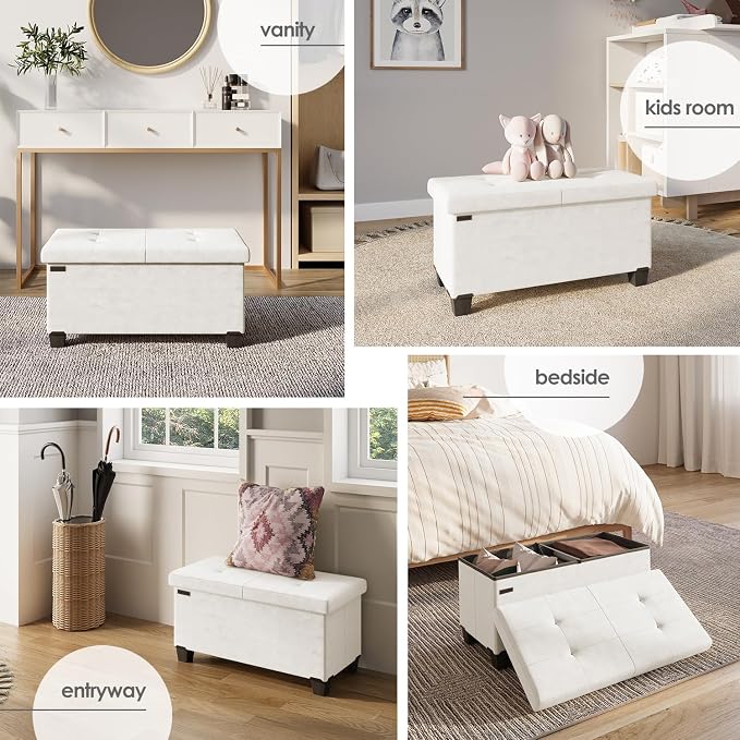 Storage Ottoman Bench with Bins, 30-in Storage Bench for Bedroom End of Bed, Folding Foot Rest Ottoman for Living Room Max 660lbs, Velvet Ottomans, Cream