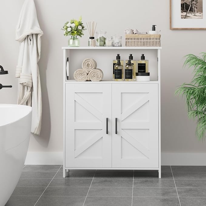 Homhedy Farmhouse Bathroom Storage Cabinet with Doors, Small Floor Cabinet | Toilet Paper Cabinet with Adjustable Shelf, Freestanding Storage Cabinet for Kitchen/Laundry/Living Room, 24"W, White