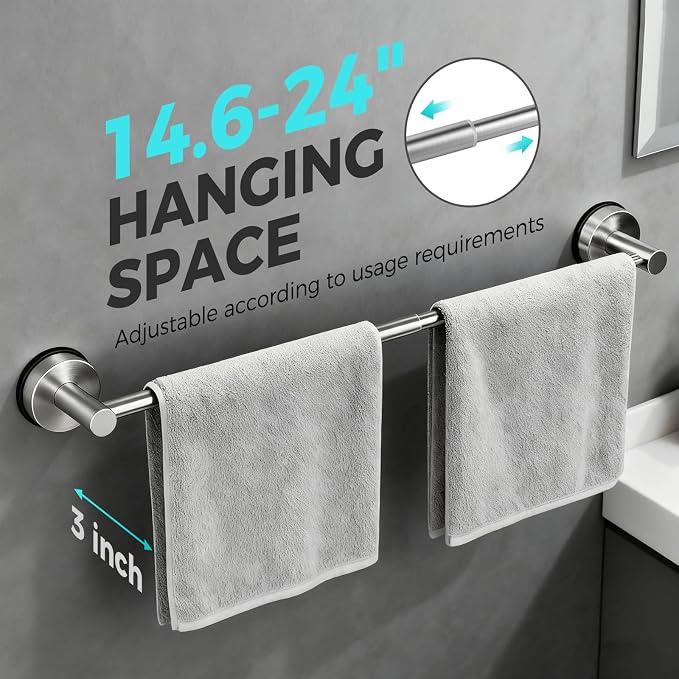 Adjustable Suction Cup Towel Bar for Bathroom Wall,14.6Inch~24 Inch Towel Racks for Bathroom,Stainless Steel Bath Towel Holder for Shower,2 Pack(Brushed Silver)