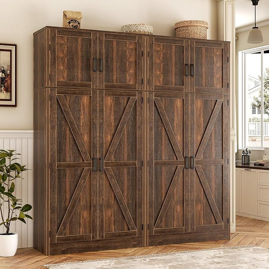 Unikito 71” Kitchen Pantry Storage Cabinet with Adjustable Shelves, 2 Pack | Large Farmhouse Storage Cupboard, Barn Doors, Sturdy and Deep, Versatile for Dinning Room, Living Room, Weathered Brown