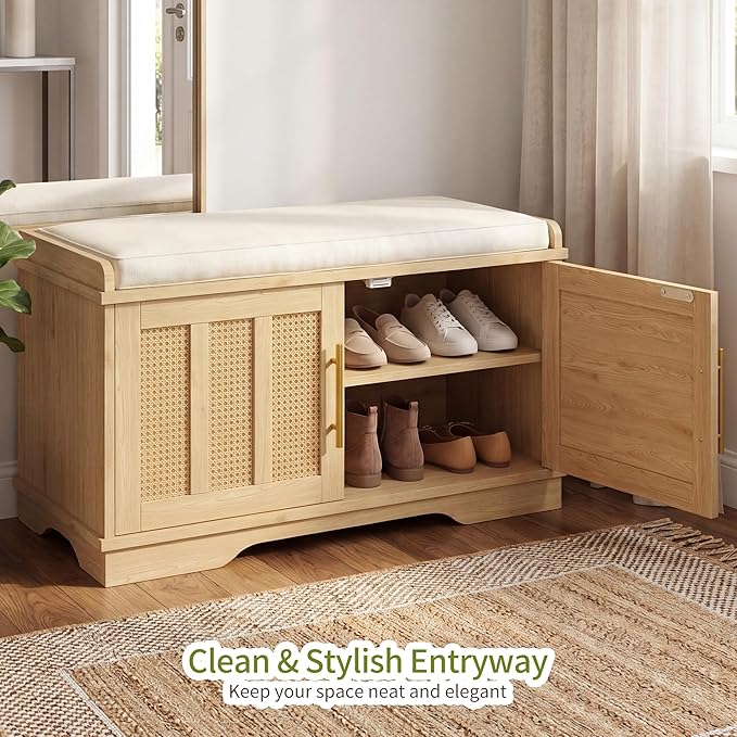 Heybly Shoe Cabinet with Bench, Rattan Storage Bench with Cushion, HSB001N | Entryway Shoe Storage Bench with 2 Doors, Adjustable Shelves, 31.5" Wooden Shoe Bench for Living Room, Hallway, Natural