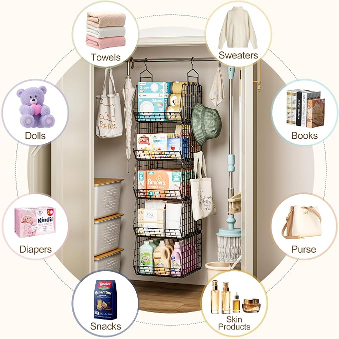 Capacity Upgrade Edition Deeper 4'' 5 Tier Foldable Hanging Closet Organizer and Storage，Wire Cabinet Shelves and Rack with 5 S Hooks,Stackable Metal Basket Bins for Clothes Shoe Purse,Black