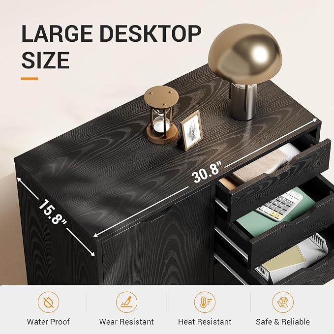 DEVAISE 5-Drawer Wood Drawer Cabinet, Office Storage Cabinet, Black | Craft Storage Cabinet, Under Desk Drawer, Rolling Cart Furniture, Adjustable Shelf & Wheels, Printer Stand, Home Office