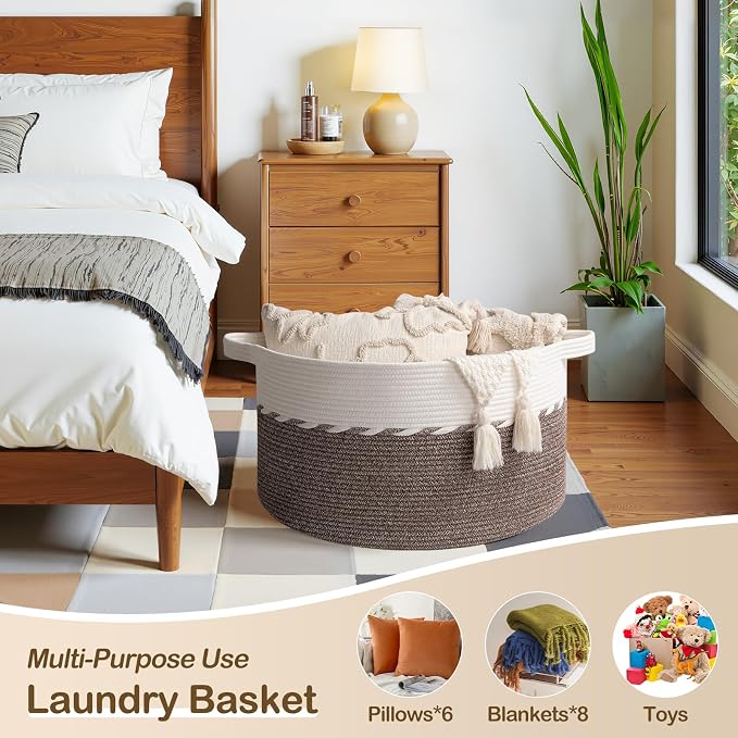 OIAHOMY 105L Extra Large Blanket Basket - Decorative Cotton Rope Storage Basket for Bedroom, Living Room & Nursery - Woven Laundry Hamper for Organizing Blankets, Clothes & Toys - Brown & White