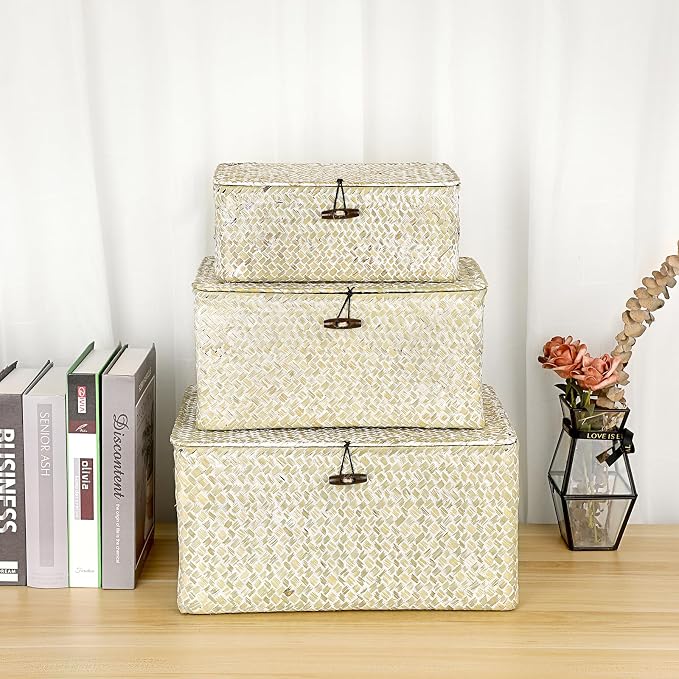 Hipiwe Wicker Shelf Baskets Bin with Lid, Large Seagrass Basket Storage Box | Handwoven Natural Baskets for Shelf Organizer, Rectangular Household Basket Boxes for Home Decor, Whitewash