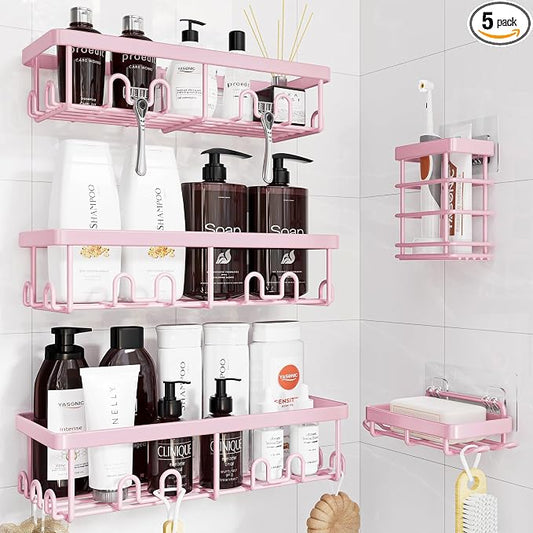 YASONIC Shower Caddy Adhesive, 100% Rustproof Shower Organizer with Soap and Toothbrush Holder, Large Capacity Shower Shelves for Inside Shower, No Drill Shower Storage for Home (5 Pack Pink)