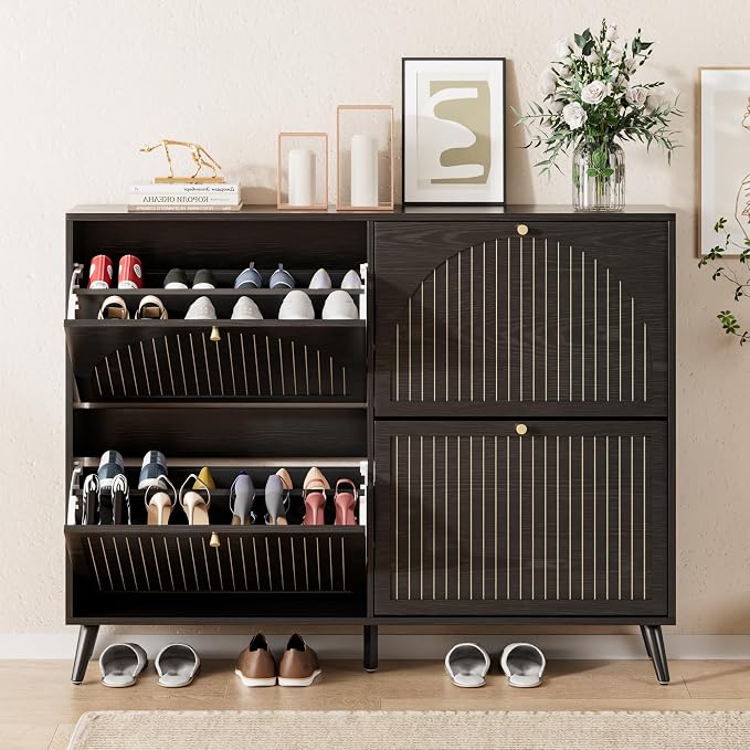 Fsbecl Shoe Storage Cabinet for Entryway with 4 Fluted Flip Drawers, Black | Narrow Design, Freestanding Shoe Rack with Adjustment Shelves, Wooden Hidden Organizer for Hallway Foyer, 16-24 Pairs