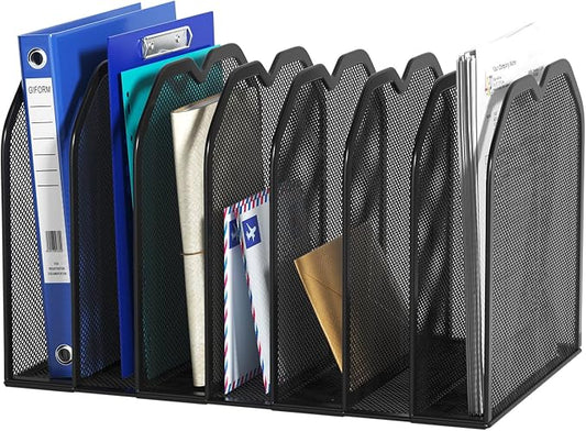 FANXIYQ Black 7-Section File Folder Organizer for Desk, Metal Vertical File Holder Stand, Desktop File Organizer Rack for Letter/A4 Folders, Papers, Books, Office Classroom Home