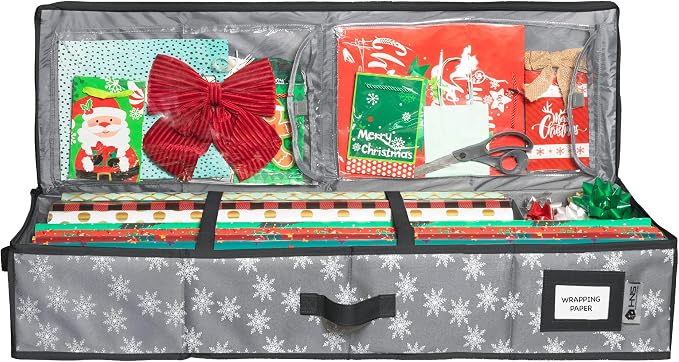 HOLDN’ STORAGE Premium Wrapping Paper Storage Container, Grey w/Snowflakes | Durable 600D Tear-Proof, Fits 27 Rolls Gift Wrap, Extra Pockets for Ribbons & Bows, Underbed Storage