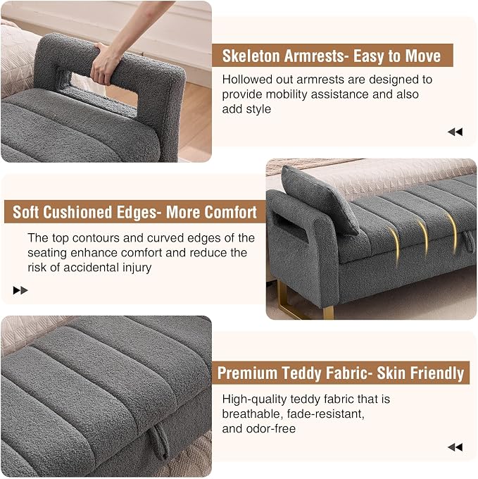 66" Storage Bench for Bedroom Upholstered End of Bed Bench King Size Grey | Long Bedroom Benches for Foot of Bed King,Teddy Storage Bed Bench with Gold Legs,2 Pillows for Entryway Windows Cloakroom