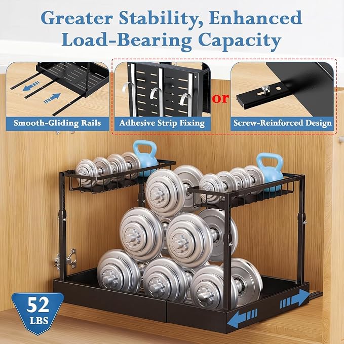 Aisslro Under Sink Organizer, 2 Tier Pull Out Cabinet Organizer, Expandable & Adjustable Slide Out Shelf 17.9''–29.5'', Under Sink Storage for Kitchen Bathroom Laundry Cabinet Storage, Black