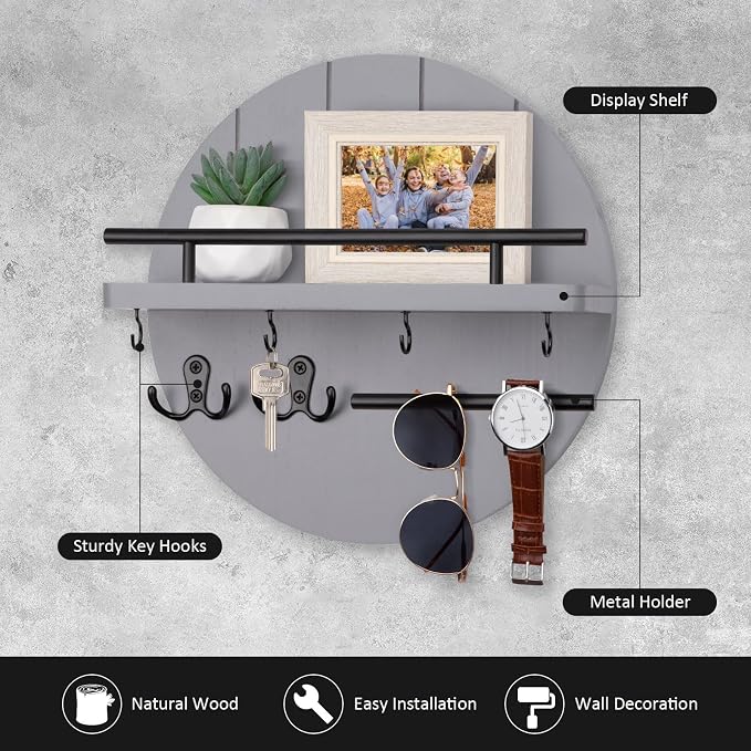 Nekon Key Holder Wall Mount, 11.8 Inch Key Rack with Shelf and 6 Key Hooks, Rustic Key and Mail Organizer, Circular Wooden Key Hanger for Entryway Hallway Kitchen (Gray)
