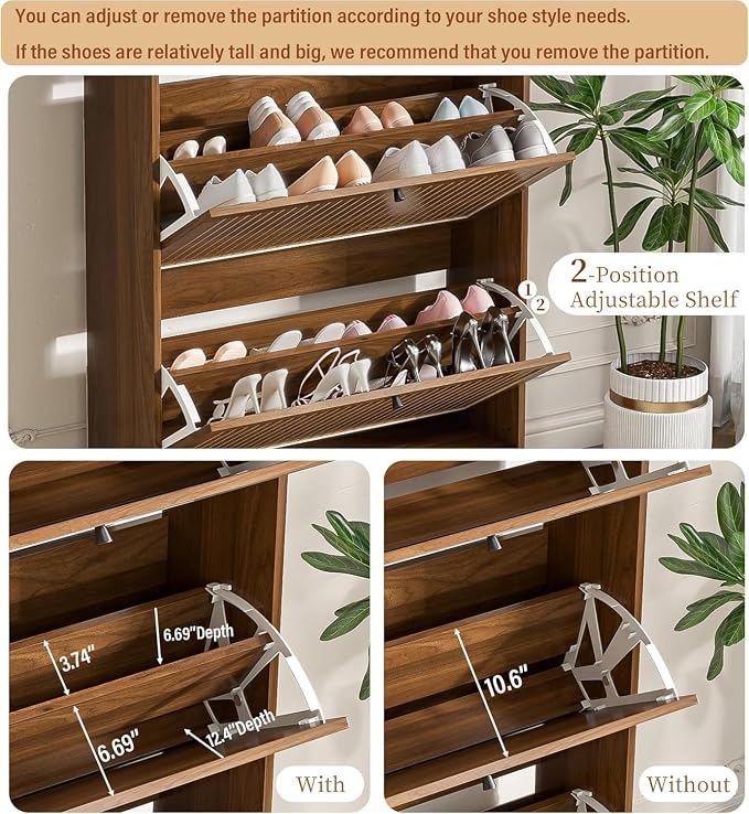 78.7'' Tall Shoe Storage Cabinet for Entryway with 3 Flip Drawers | Arched Design,Hidden Slim Shoe Organizer,Open Storage Shelf, Freestanding Shoe Rack,Large Tabletop Space,Hallway,Walnut