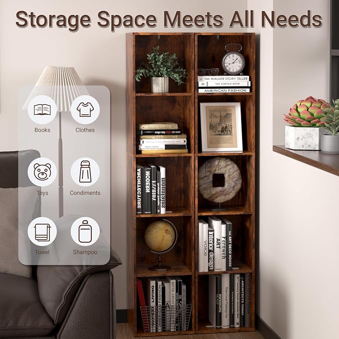 Cube Storage Organizer, 5 Cube Retro Bookshelf, Freestanding 5 Tier Open Shelf, Rustic Brown Retro Shelves for Home Office, Bedroom, Living Room, Study