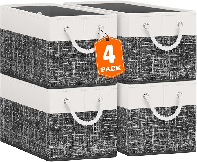 Fab totes Storage Bins 4-Pack, Foldable Storage Baskets for Organizing Toys, Books, Shelves, Closet, Large Storage Box with Rope Handles, Sturdy Organizer Bins, White & Black