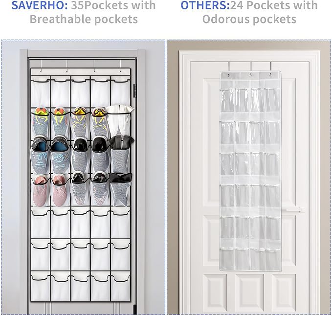 SAVERHO 35 Pockets Over the Door Shoe Organizer, Hanging Shoe Organizer for Door with 35 Mesh Pockets Large Capacity Shoe Hanging Storage Bag with 4 Metal Hooks (White-1Pack)