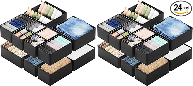 SpaceAid Drawer Organizer Clothes, 24 Pack Dresser Organizer Bins for Nursery, Closet Organization and Storage Dividers for Clothing, Baby Clothes, Underwears, Socks (Black)