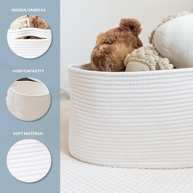 OrganiHaus Cotton Rope Baskets for Shelves, Set of 3, 15x9x10 | Handwoven; a toy bin and organizer for towels, books, or blankets; fits nursery, playroom, or bedroom decor
