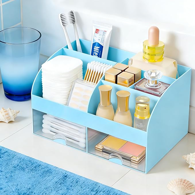 Makeup Organizer with 2 Drawers, Cosmetic Storage for Dresser Vanity and Bathroom Countertop,Make up organization and Skincare Storage with Beauty Brush Holder, Cosmetic Display Case (Blue)