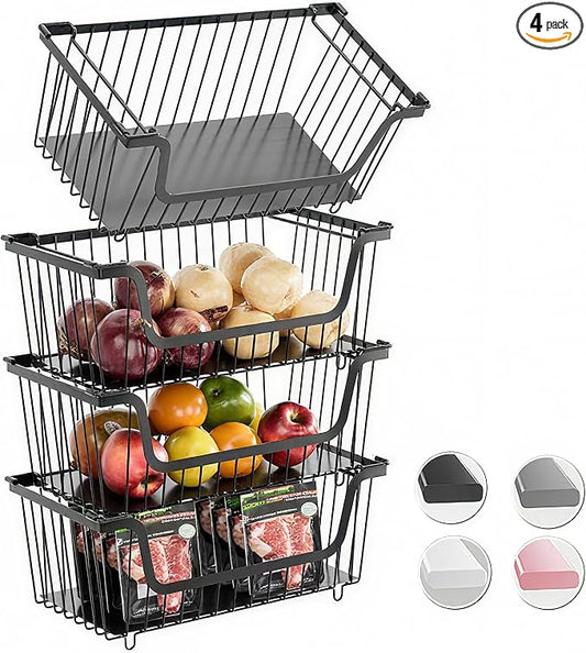 GAOKASE 4 Pcs Stackable Wire Baskets for Pantry Organizers and Storage,Vegetable Fruit Basket for Countertop,Kitchen Storage Metal Baskets,Produce Potato Onion Storage Bin-Black