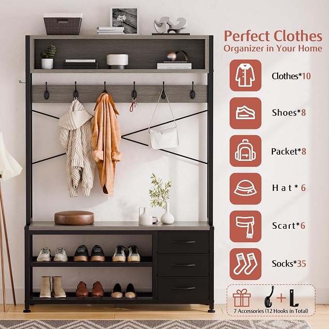 Hall Tree with Bench and 3 Drawers Storage, 39.4" Coat Rack Freestanding
