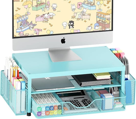 OPNICE Desk Organizer and Accessories, 2-Tier Computer Monitor Stand Riser with Drawer and 2 Pen Holders, Laptop Stand, Office Desk Accessories for Office Supplies, 1 Pack, Teal Blue