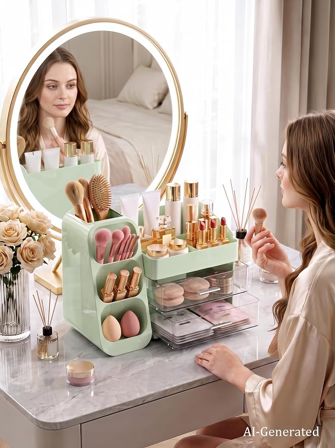 Makeup Organizer with Drawers,Large Capacity Countertop Organizer for Vanity,Bathroom and Bedroom Desk Cosmetics Organizers,Easy To Storage Skincare,Brushes,Lotions (Green)