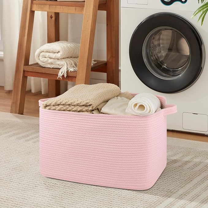 OIASKET Large Blanket Basket, Blanket Storage Living Room, Rectangle Woven Baskets for Storage Toys, Towels, Dirty Clothes Organizer Bins (Pink)