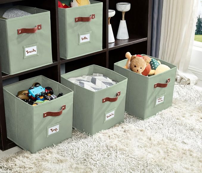 DECOMOMO Storage Bins, Cube Storage Bin with Labels | 13" x 13" x 13" Fabric Storage Cubes for Shelves (6pcs, Sage Green)