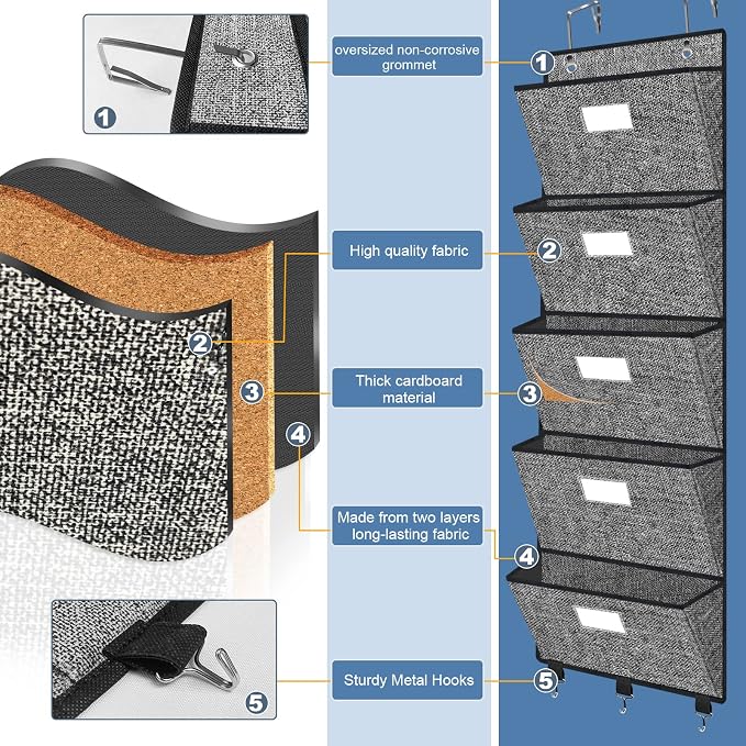 Over the Door File Organizer, Hanging Wall File Folders with 5 Large Pockets for Papers, Charts, Mails, Magazine, Office and Back To Supplies Storage and Organization (Black)