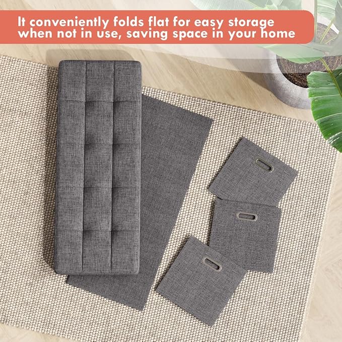 Ornavo Home 40 Inch Storage Ottoman with 3 Drawers, Tufted Linen, Dark Gray | Foldable Large Bench Design; Foot Rest Stool Seat; Ideal for Living Room, Bedroom or Entryway
