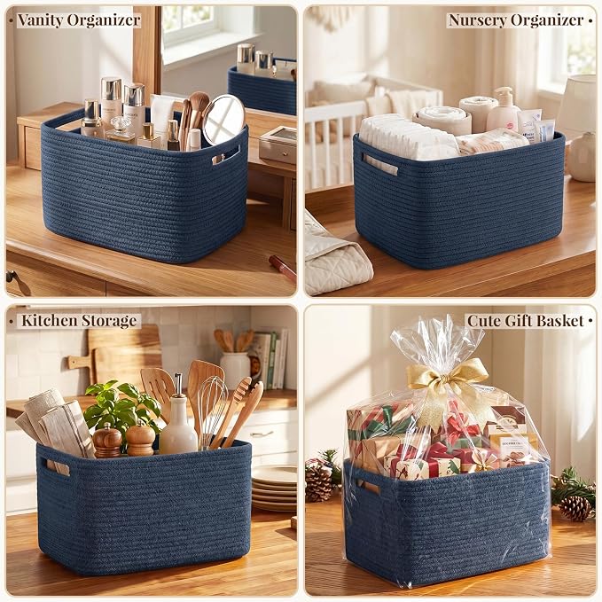 OIASKET 4Packs Natural Cotton Rope Storage Baskets for Organizing Toys, Clothes, Towels & Books, Soft Versatile Organizers for Shelves, Home Decorative Bins, 13''Lx9''Wx7.8''H, Blue