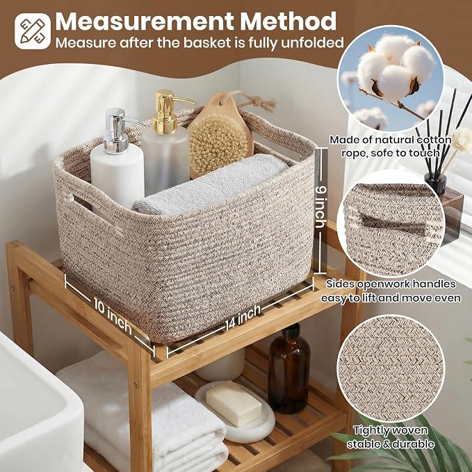 Storage Baskets for Organizing, 14 x 10 x 9” Closet Shelf Woven Baskets, Square Bins with Handles, Cotton Rope Basket for Clothes, Office, Room, Brown 4 Pack