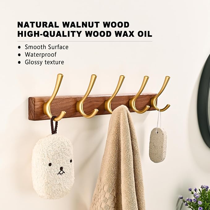 17.3" Small Walnut Wood Coat Rack Wall Mount with 5 Hooks, Heavy Duty Wooden Jacket Hanger Door Mounted for Decorative Entryway Bathroom Hanging Towel Backpack Purse Clothes Hat Key Gold