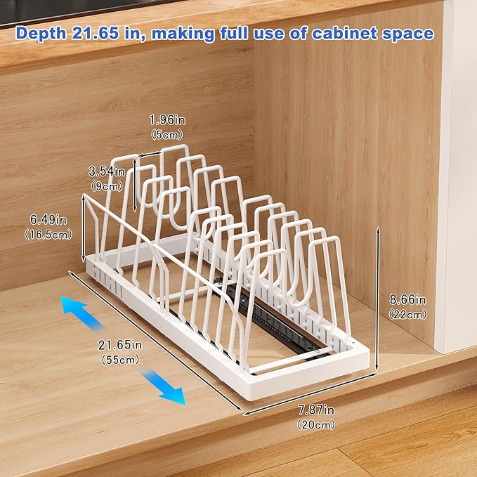 Mustorn Pots and Pans Organizer Under Cabinet, 21.6" Deep Pull Out Pot Lid Organizer Holder with Guardrail Adhesive Pot and Pan Holder Rack with 10 Adjustable Dividers-1 Pack(White)