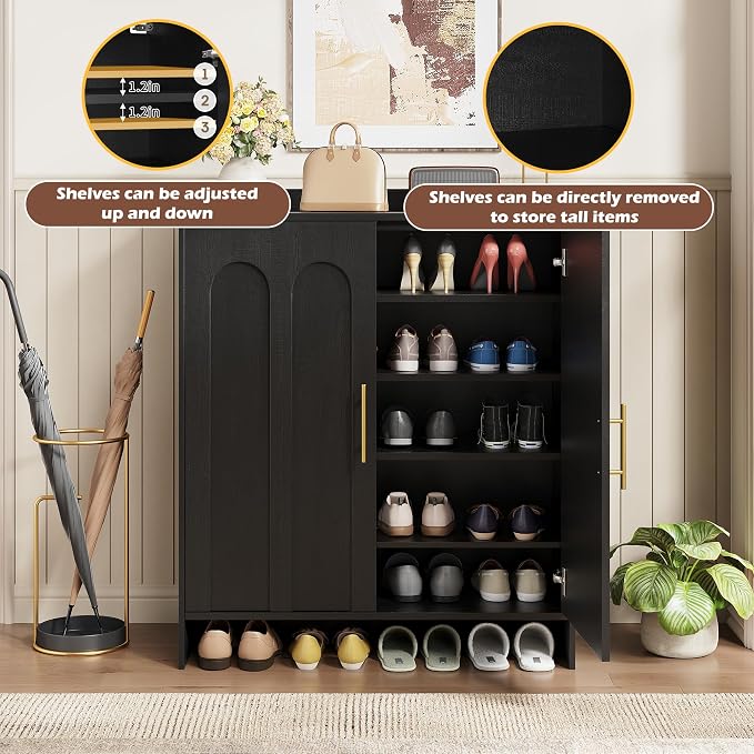 Maupvit 38.39" Tall Modern Shoe Cabinet, Entryway Storage Cabinet with Arched Doors & Gold Handles, Wood Shoe Organizer with Shelves, Freestanding Shoe Rack for Hallway, Living Room, Black