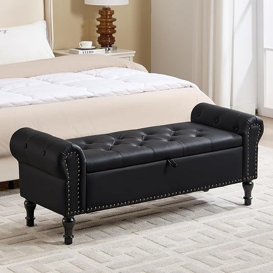 Storage Bench for Bedroom, 51" Upholstered End of Bed Bench, Faux Leather Queen Size Benches with Rolled Arms, Tufted Button Storage Long Ottoman, Living Room, Entryway, Obsidian Black