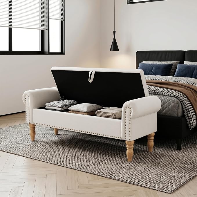60" Corduroy Storage Bench, Queen End of Bed, White | Corduroy Upholstered, Bedroom/Entryway/Closet, Storage Ottoman Bench, Window Seat, Lift-Top, Tufted Button, Solid Wood Legs.